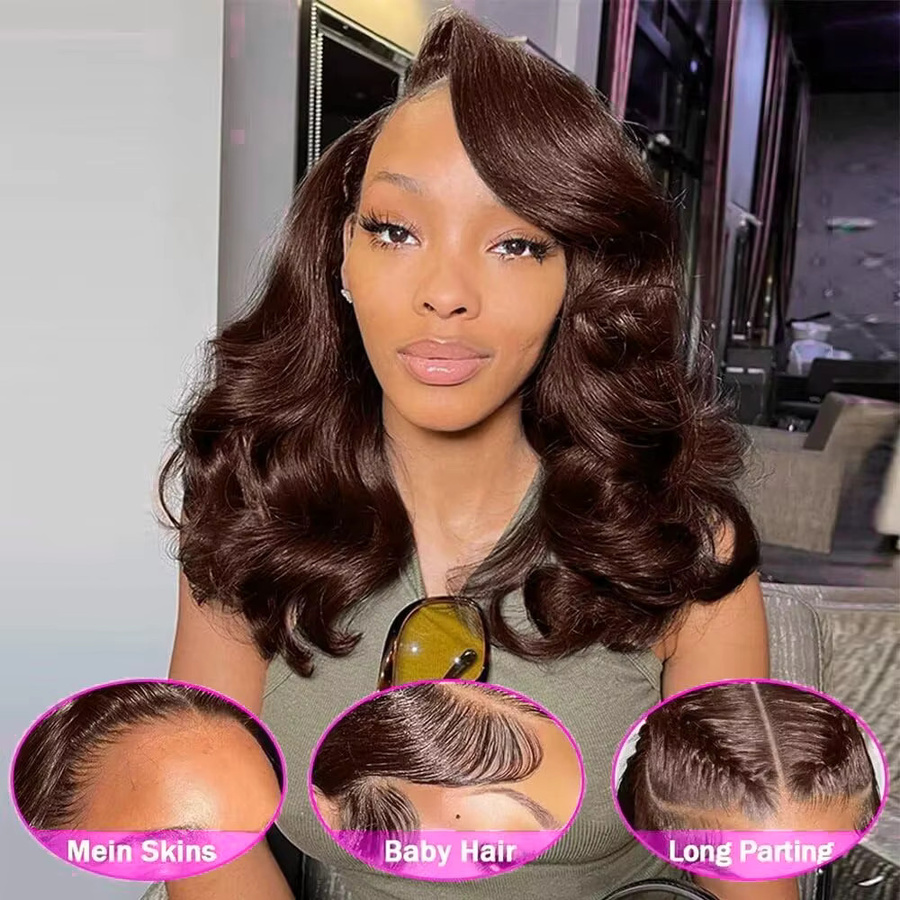 xbeauty Bob-Perücke, 100 % Echthaar, gewellt, schokoladenbraun, 13 x 4 Spitzenfront - Bild 2
