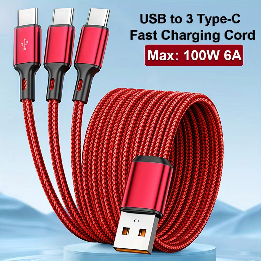 NNBILI 3-in-1 USB-C Schnellladekabel 100W 6A in Rot für Samsung Xiaomi Huawei und Android-Smartphones zur Datenübertragung - Bild 3