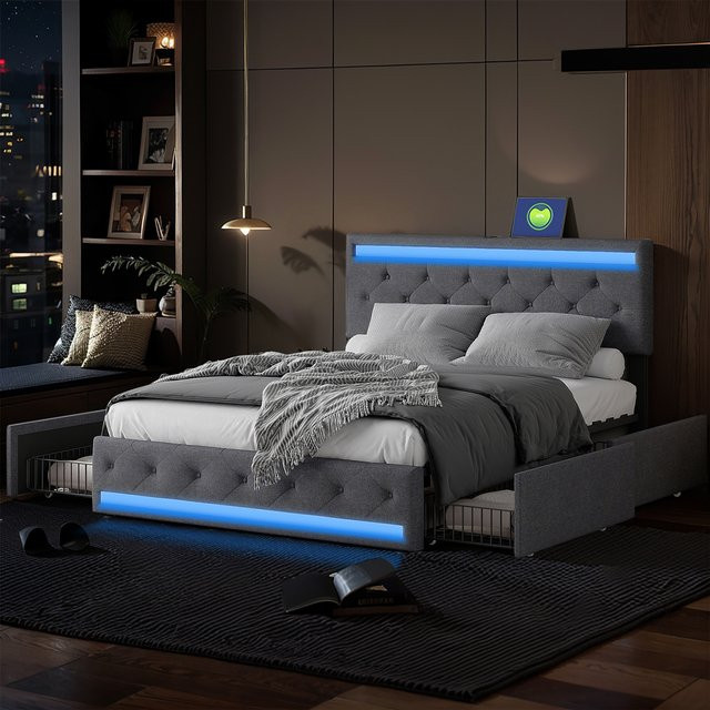 Comanlai Polsterbett aus Leinen mit 4 Schubladen, LED-Lichtleiste und USB-Ladeanschluss, Dunkelgrau, B/T: 160 x 200 cm - Bild 1