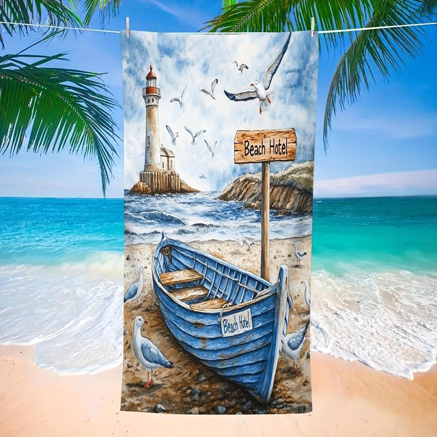 Strandtuch Strandparadies mit blauem Boot und Leuchtturm Motiv von JMG Household Supplies, Farbe: Blau/Mehrfarbig, B/H: 35 x 75 cm - Bild 4