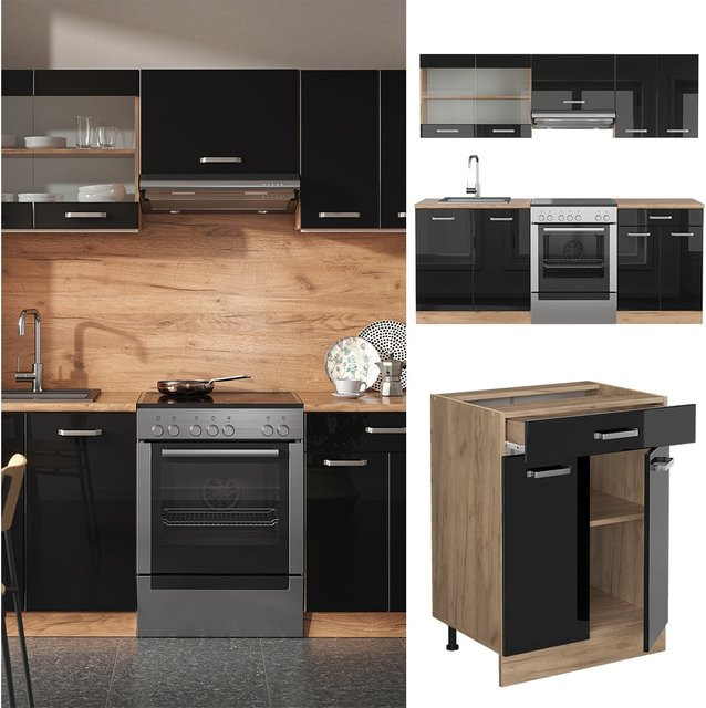 Vicco Küchenzeile R-Line in Schwarz und Eiche mit Goldakzenten, Breite: 200 cm - Bild 1