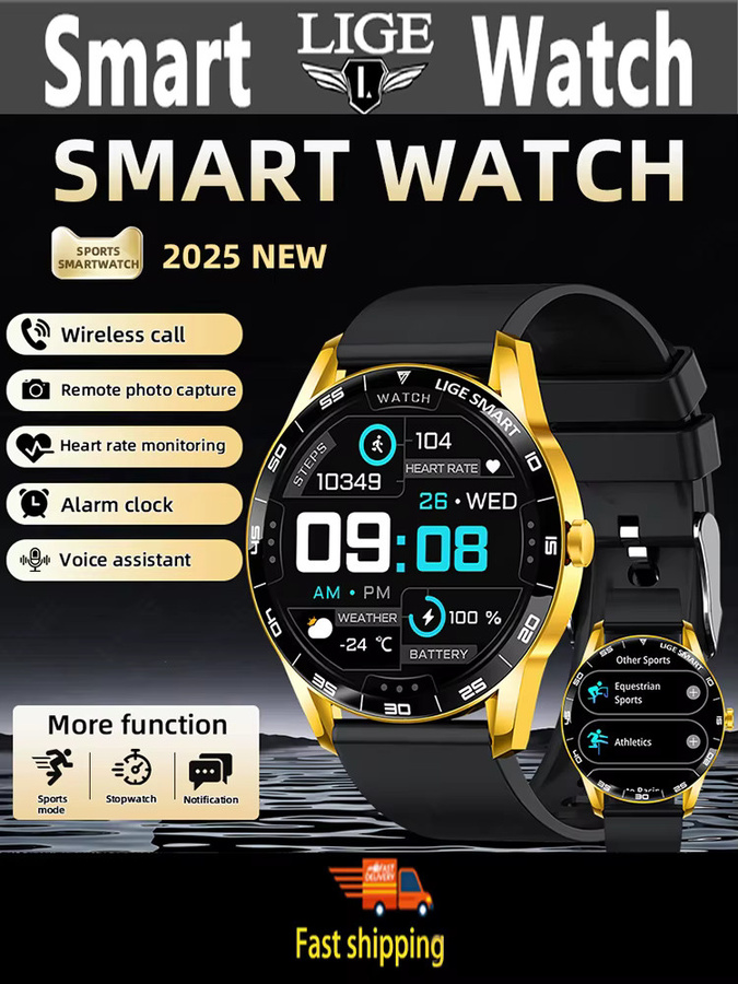 LIGE Smartwatch, Edelstahl, Schwarz, Gold, Unisex, Wasserdicht - Bild 6