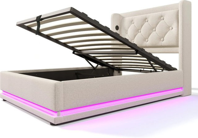 Merax Polsterbett mit LED-Unterbettbeleuchtung und USB-C Ladestation, Beige, B/T/H: 90 x 200 x 36,12 cm - Bild 1