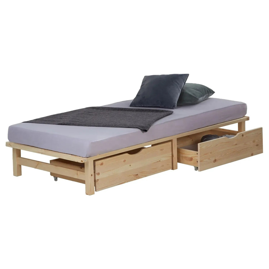 Homestyle4u Palettenbett aus Kiefer Massivholz mit Lattenrost und Bettkästen in Braun, B/T/H: 90 x 200 x 28 cm - Bild 2