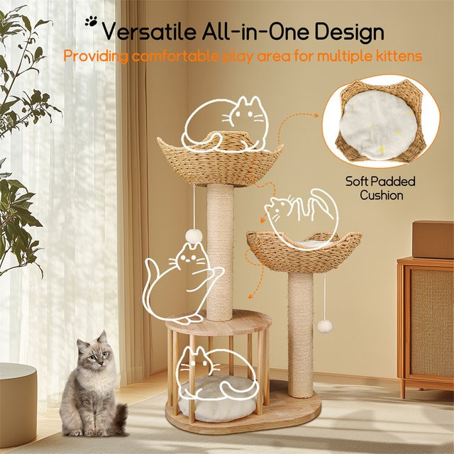 BINGOPAW Moderner 3-stöckiger Katzenbaum in Beige mit Plüschkissen, Körben und Kratzmöglichkeiten aus Holz - Bild 1