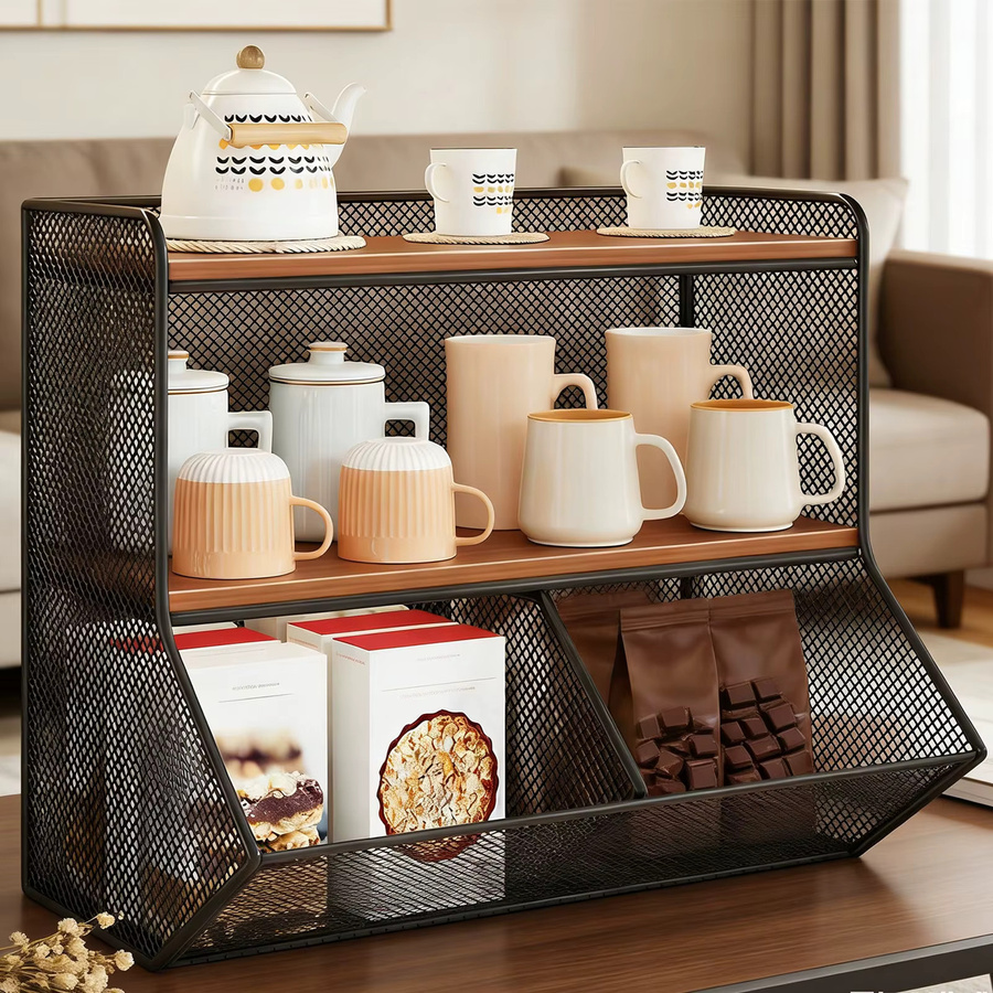 Serenable 2-stufiges Tischregal aus Holz in Schwarz als Küchenorganizer und Aufbewahrungsregal für Büro und Küche - Bild 3