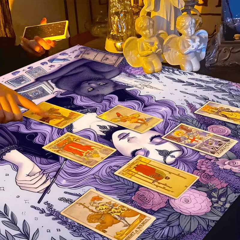VIKAMA Tischdecke Glyzinien Hexe Tarot Wahrsagerei Schwarze Katze Kristall Esoterische Dekoration lila - Bild 2