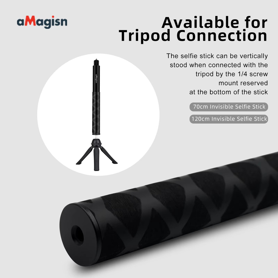AMagisn Unsichtbarer Selfie Stick aus Carbon Fiber für Insta360 und GoPro, Gerade Pull Erweiterte Einbeinstativ, Schwarz, 1,2 m - Bild 2
