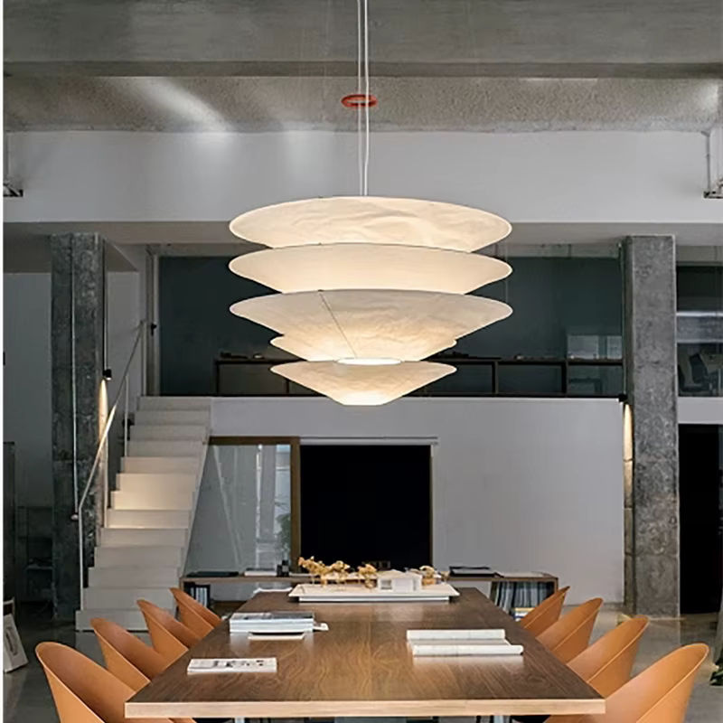 Wabi Sabi Designer Pendelleuchte aus Papier und Metall in Weiß mit warmweißem LED-Licht für Wohnzimmer und Restaurant - Bild 5
