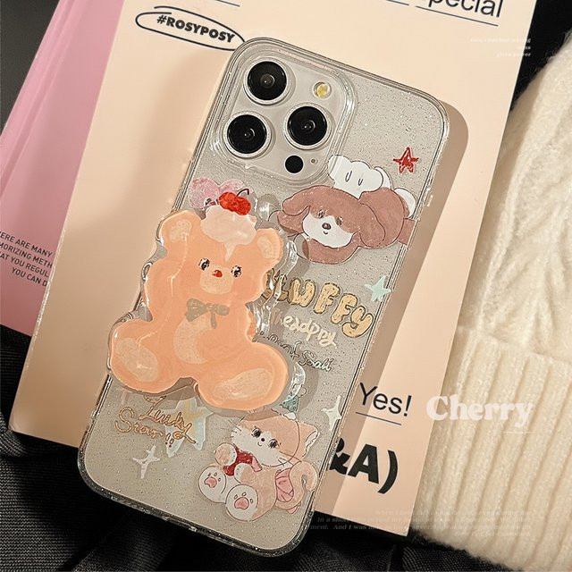 MUQGEW Handyhülle mit süßem Bär-Cartoon-Design für iPhone 11 12 13 14 15 16 Pro Max, transparent und glitzernd, stoßfeste Schutzhülle - Bild 1