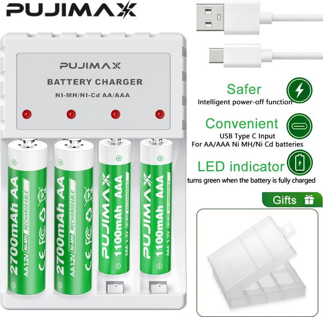 PUJIMAX AAA Akku-Set mit Ladegerät, Ni-MH wiederaufladbare Batterien, 1,2 V, 1100 mAh für Uhren, Mäuse und Spielzeug - Bild 1