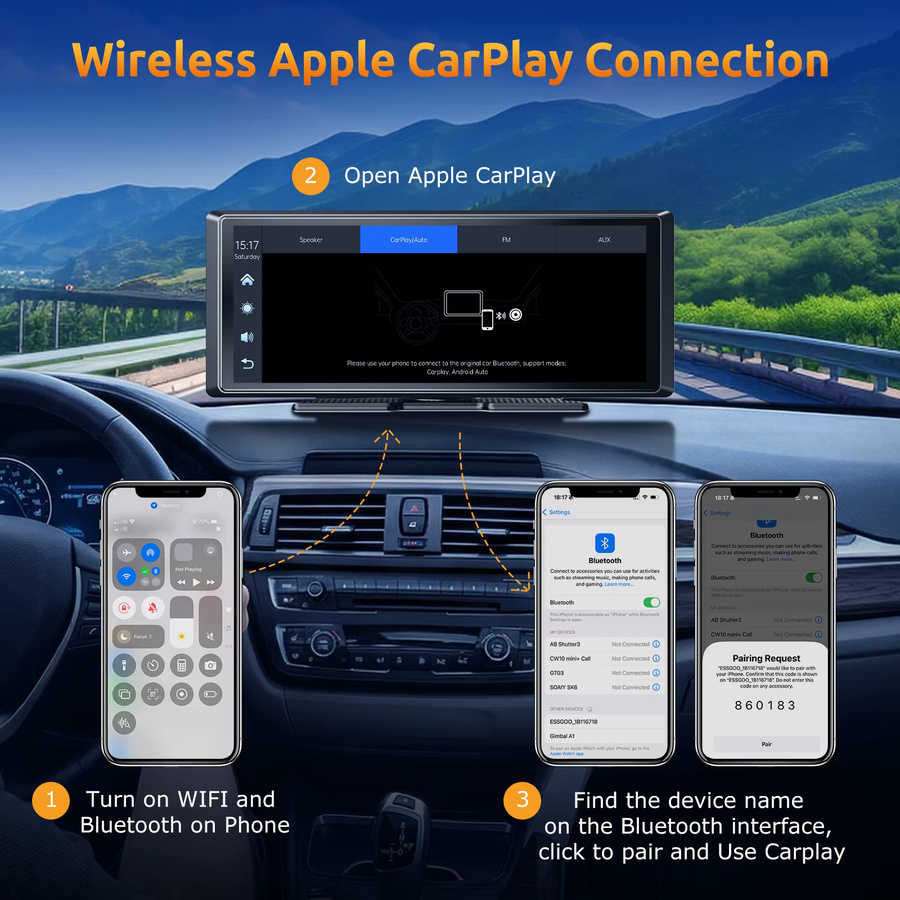 MOPECT 8,1 Zoll Autoradio mit 4K+1080P Touchscreen, kabellosem Apple CarPlay und Android Auto, Dual-Lens-Videorekorder DVR, Mirror Link, WLAN, Bluetooth und Rückfahrkamera in Schwarz - Bild 2
