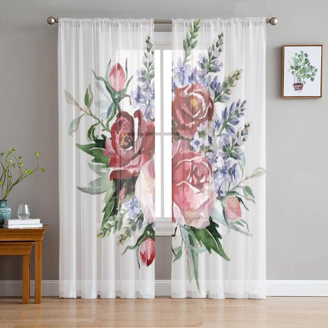Transparente Binchi Outdoor Equipment Tüllvorhänge mit Blumen- und Rosenmotiv für Wohnzimmer, Schlafzimmer und Küche, Farbe: transparent, B: 135 cm, H: 114 cm - Bild 1