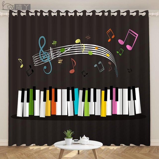Yiran Furniture Vorhänge im Musikdesign mit Klaviertasten und Noten, 2er-Set, Schwarz-Weiß, Halbdunkel, Breite: 100 cm, Höhe: 130 cm - Bild 1