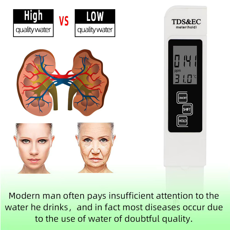 JUANJUAN 3 in 1 Digitaler Wasserqualität Tester für EC, Temperatur und TDS in Blau und Weiß - Bild 3