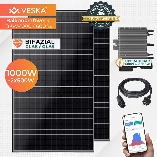VESKA Balkonkraftwerk mit bifazialen Photovoltaik-Modulen und WIFI, upgradefähige smarte Mini-PV Anlage in Schwarz - Bild 1