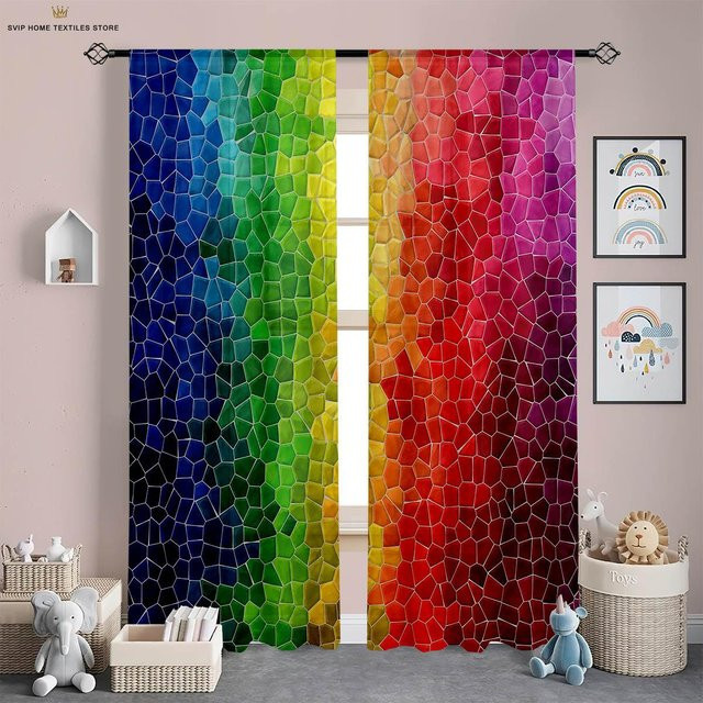 Yiran Furniture Regenbogen Vorhänge mit 3D-Druck für Kinder, halbtransparent, mehrfarbig, B: 50 cm, H: 130 cm, 2 Stück - Bild 1