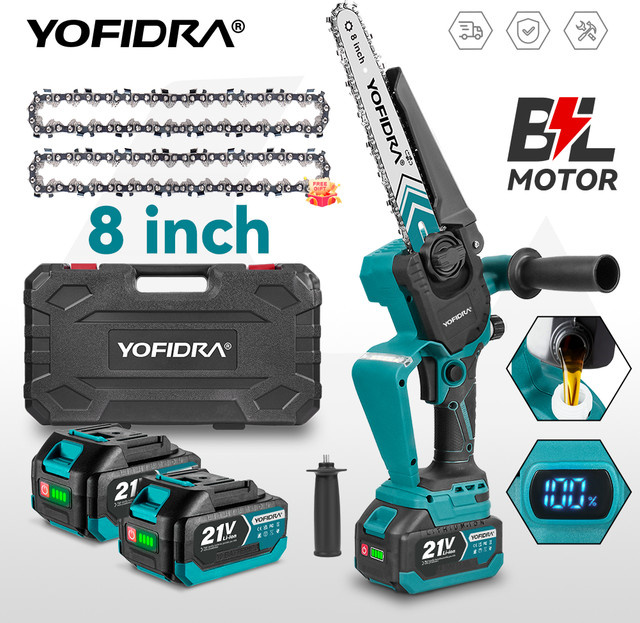 YOFIDRA Akku-Kettensäge 8 Zoll mit Digitalanzeige, bürstenlose elektrische Holzbearbeitungssäge in Türkis, kompatibel mit Makita 18V LXT Akkus - Bild 1