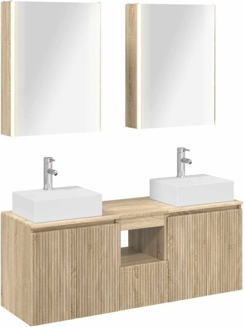 vidaXL Badezimmerschrank-Set 5-teilig in Sonoma-Eiche, modern mit LED-Spiegelschrank und Waschtischunterschrank, Braun Matt - Bild 1