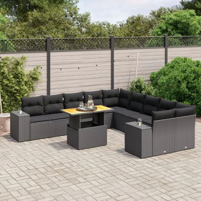 Vidaxl 11-tlg. Garten-Sofagarnitur mit Kissen aus Polyrattan in Schwarz - Bild 1