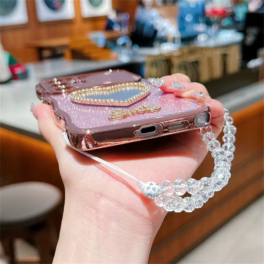 Samsung Galaxy Handyhülle mit Liebesherz Schminkspiegel und Kristall-Handgelenkskette in Pink für Galaxy S24, S25 Ultra, S22 Plus und S23 FE - Bild 2