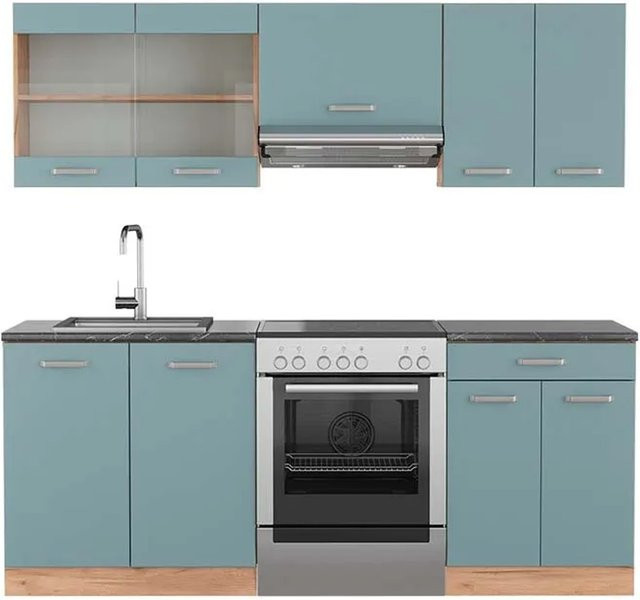 Vicco R-Line Küchenzeile Blau-Grau Goldkraft Eiche Anthrazit Breite: 200 cm - Bild 1