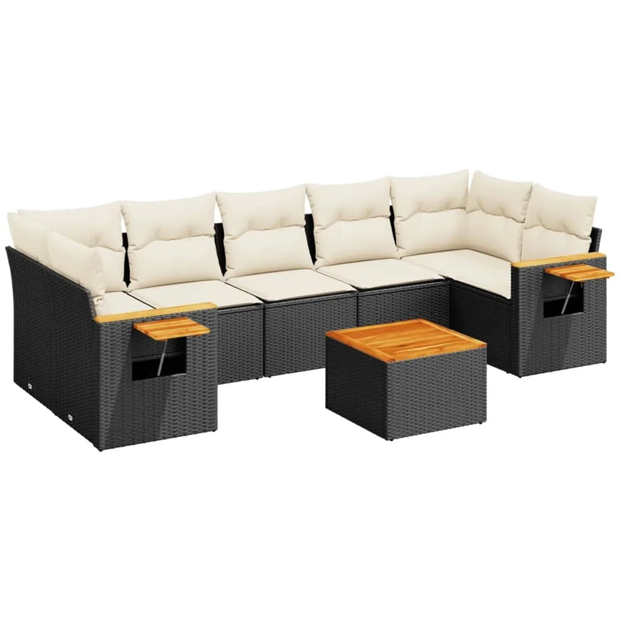 vidaXL 8-tlg Garten-Sofagarnitur in L-Form aus schwarzem Poly-Rattan mit wetterfesten Kissen und Akazienholz - Bild 2