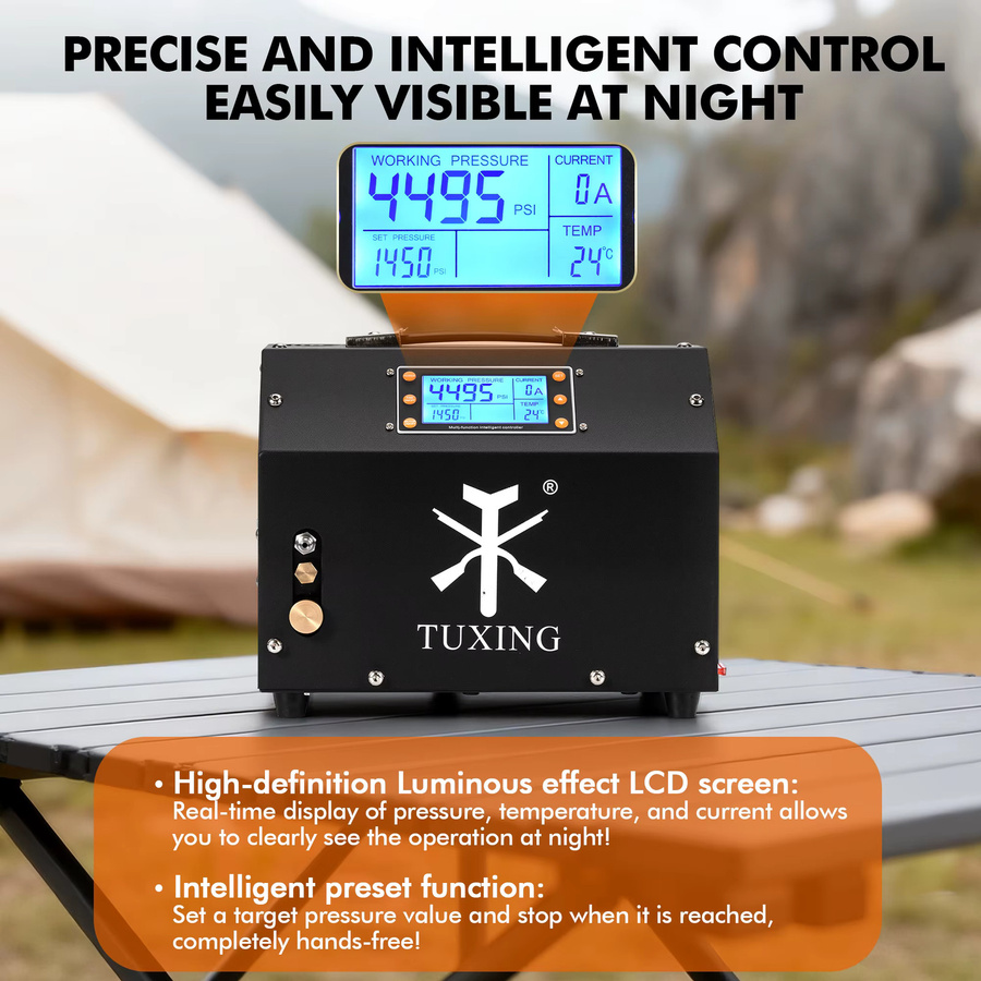 TUXING TXET063 PCP Luftkompressor in Schwarz mit integrierter Stromversorgung, LCD-Display und digitaler Steuerung für Luftgewehre und Tauchanwendungen (300 Bar / 30 MPa / 4500 Psi) - Bild 5