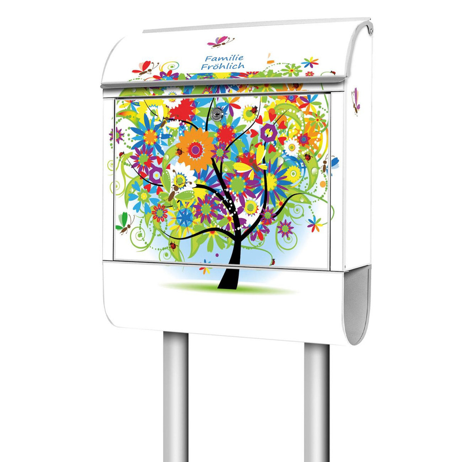 Banjado Großer Standbriefkasten mit Motiv Märchenzauberbaum und Zeitungsfach in Weiß aus Stahl - Bild 1
