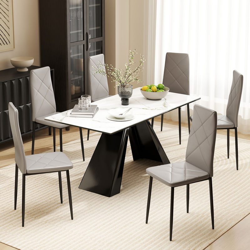 HOMCOM Set mit 6 Esszimmerstühlen aus Kunstleder in Grau mit hoher Rückenlehne, Diamantsteppung und Stahlbeinen - Bild 2