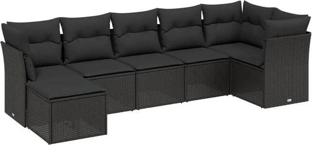 vidaXL 7-tlg. Garten-Sofagarnitur in L-Form aus schwarzem PE-Rattan mit Kissen und Stauraum - Bild 1