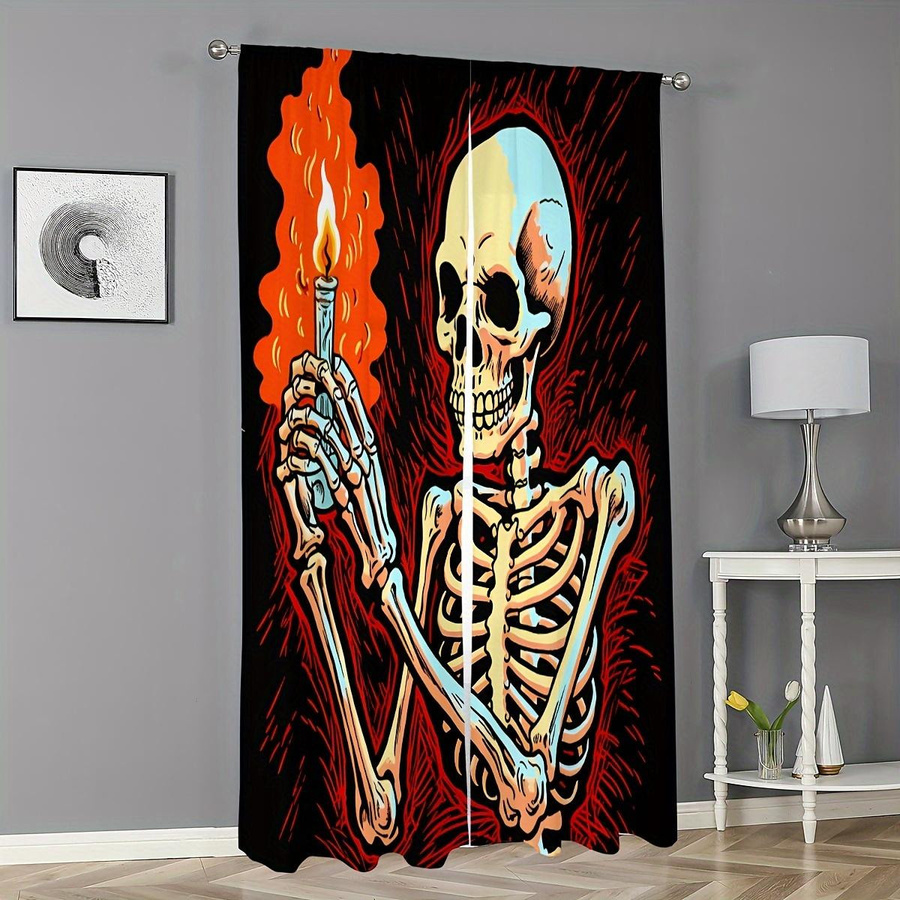 2er-Set Yiran Furniture Vorhänge mit Totenkopfmuster in Schwarz, semi-transparent, B: 100 cm, H: 130 cm - Bild 1