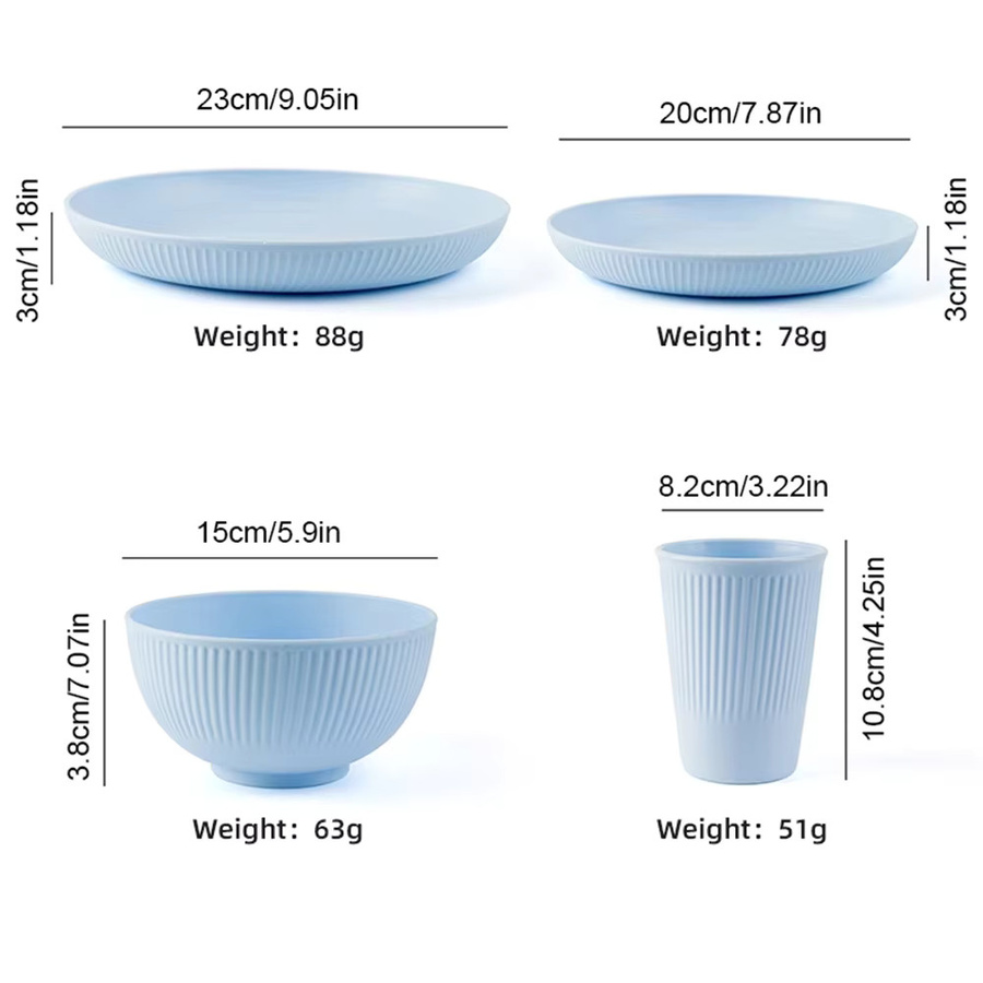 PINKTEN Weizenstroh Besteck Set 4-teilig mit Schüssel und Tasse für Picknick und Camping in Blau und Mehrfarbig - Bild 2