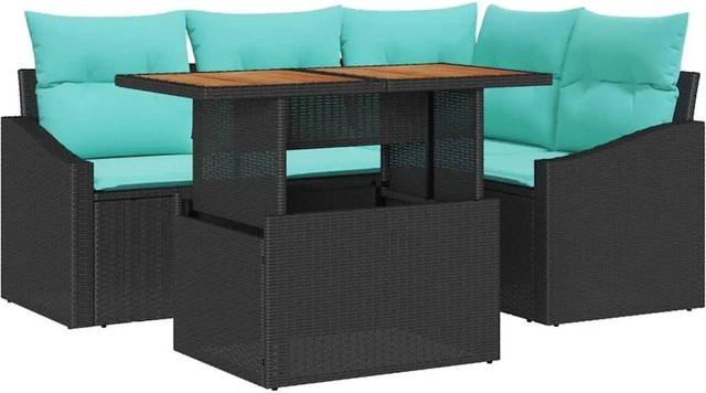 vidaXL Garten Essgruppe aus Poly-Rattan und Akazienholz mit Kissen, 5-teilig, Schwarz und Teal - Bild 1
