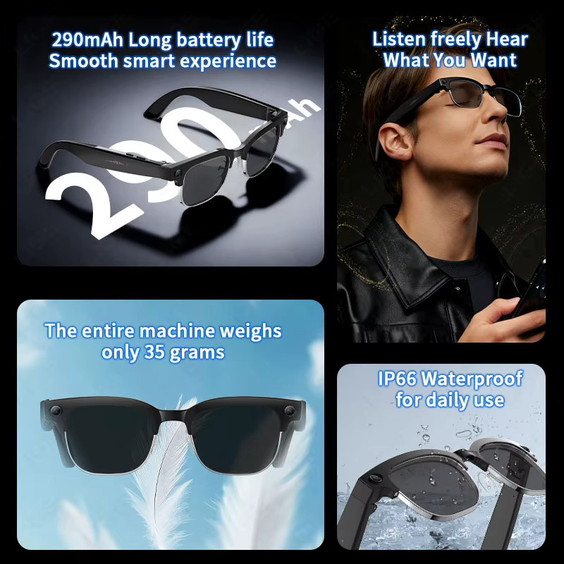LIGE Smart Sonnenbrille für Männer mit 4K HD Kamera, AI Übersetzer, Bluetooth für Anrufe und Musik, wasserdicht, Schwarz - Bild 3