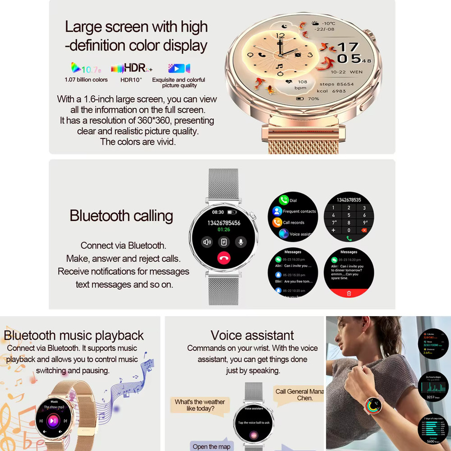 Jooeniok Smartwatch, Pink, Gold, Milanaise, Damen, GPS, Bluetooth - Bild 2
