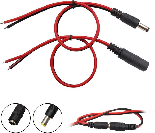 DC Power Pigtail Kabel Set mit männlichen und weiblichen Steckern 5,5 x 2,1 mm in Schwarz für CCTV Kameras und 12V bis 24V DC Anwendungen - Bild 1