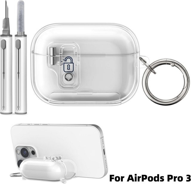 Transparente Schutzhülle für Apple AirPods Pro 3 mit Sicherheitsschloss, Telefonständer und Reinigungsset aus weichem TPU - Bild 1