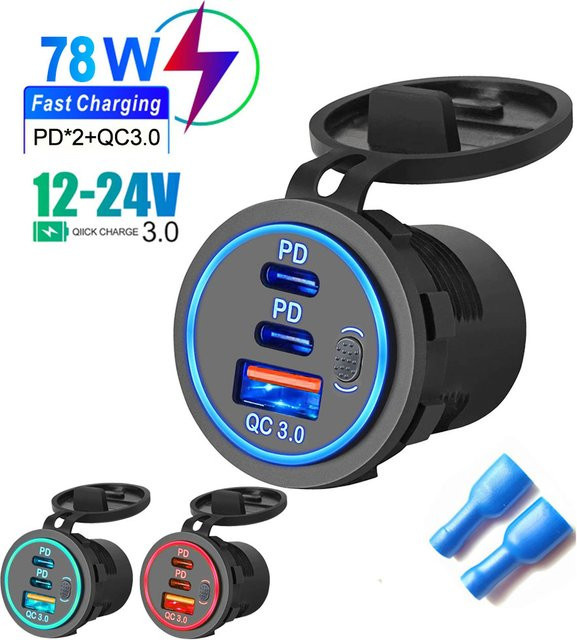 Kebidumei USB Auto Ladegerät mit Dual PD und QC3.0 Ports, Wasserdichtes USB-C Ladegerät für Lkw und Schiff, Schwarz - Bild 1