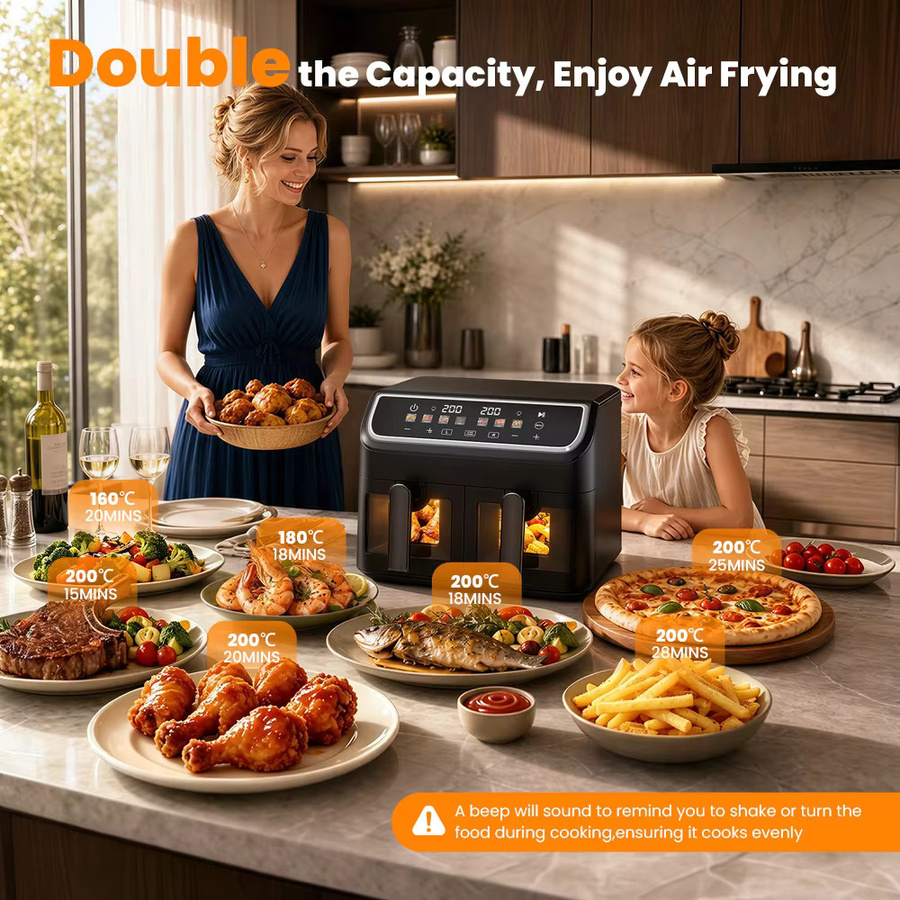 Patbrela Dual Air Fryer XXL Heißluftfritteuse mit 9L Kapazität, 2000W Doppelkorb-Fritteuse mit digitalem Touchscreen, Schwarz - Bild 5