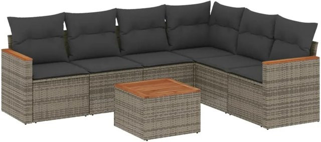 vidaXL 7-tlg Garten-Sofagarnitur L-Form aus Poly-Rattan in Grau mit Kissen und Armlehnen - Bild 1