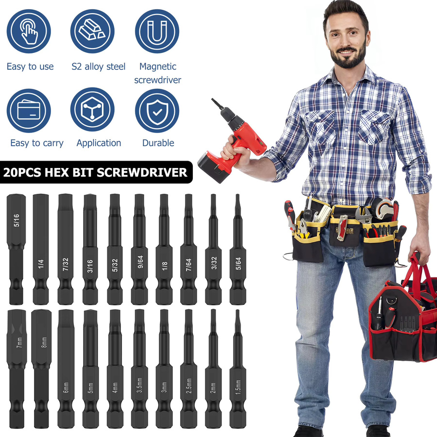 Toorise 20er Set Hex Inbusschlüssel Bohrmaschinen Bits aus S2 Stahl in Schwarz mit 1/4 Zoll Anschluss und magnetischen Spitzen - Bild 2