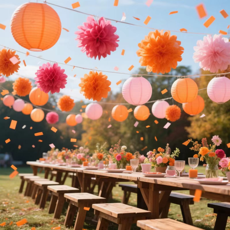 14-teiliges Herbst-Papierlaternen-Set mit Tissue-Pom-Poms in Mehrfarbig, runde hängende Papierdekoration für Hochzeit, Geburtstag und Party - Bild 4