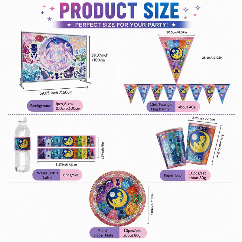 Sailor Moon Party-Set mit bunten Papptellern, Bechern und Strohhalmen im Cartoon-Stil - Bild 3