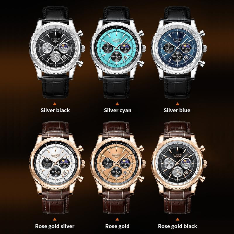 LIGE Armbanduhr, Chronograph, Quarz, Leder, Blau, Herren - Bild 3