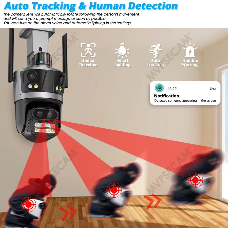 HCVAHDN 16MP Vier-Objektiv WIFI IP Kamera mit 4K HD, Drei-Bildschirm-Anzeige, PTZ-Funktion und Auto-Tracking für die CCTV-Videoüberwachung via ICSee - Bild 3