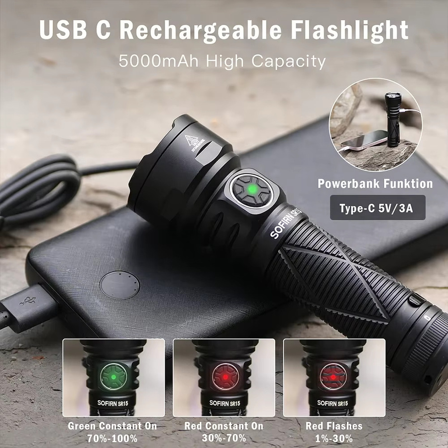 Sofirn SR15 LED Taschenlampe mit 4500 Lumen, SFT25R, USB-C wiederaufladbar, Schwarz - Bild 3