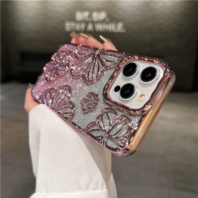 Yiran Bag Luxus Handyhülle mit Glitzer-Blumen-Design für iPhone 16 Pro Max bis iPhone 11, weiche Schutzhülle, Farbe: Transparent/Pink - Bild 1