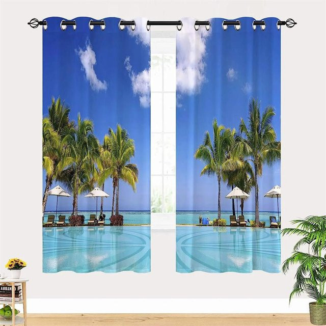 Yiran Furniture Vorhangset mit Meeresmotiv, 2er-Pack, halbtransparent, Polyester, Mehrfarbig, B: 65 cm, H: 60 cm - Bild 1