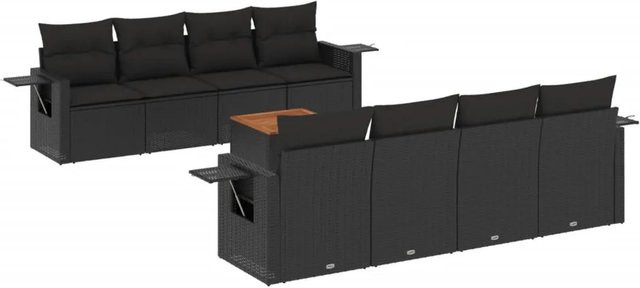 vidaXL 9-tlg. Garten-Sofagarnitur aus Polyrattan und Akazienholz in Schwarz mit Sitzkissen und Stauraum - Bild 1